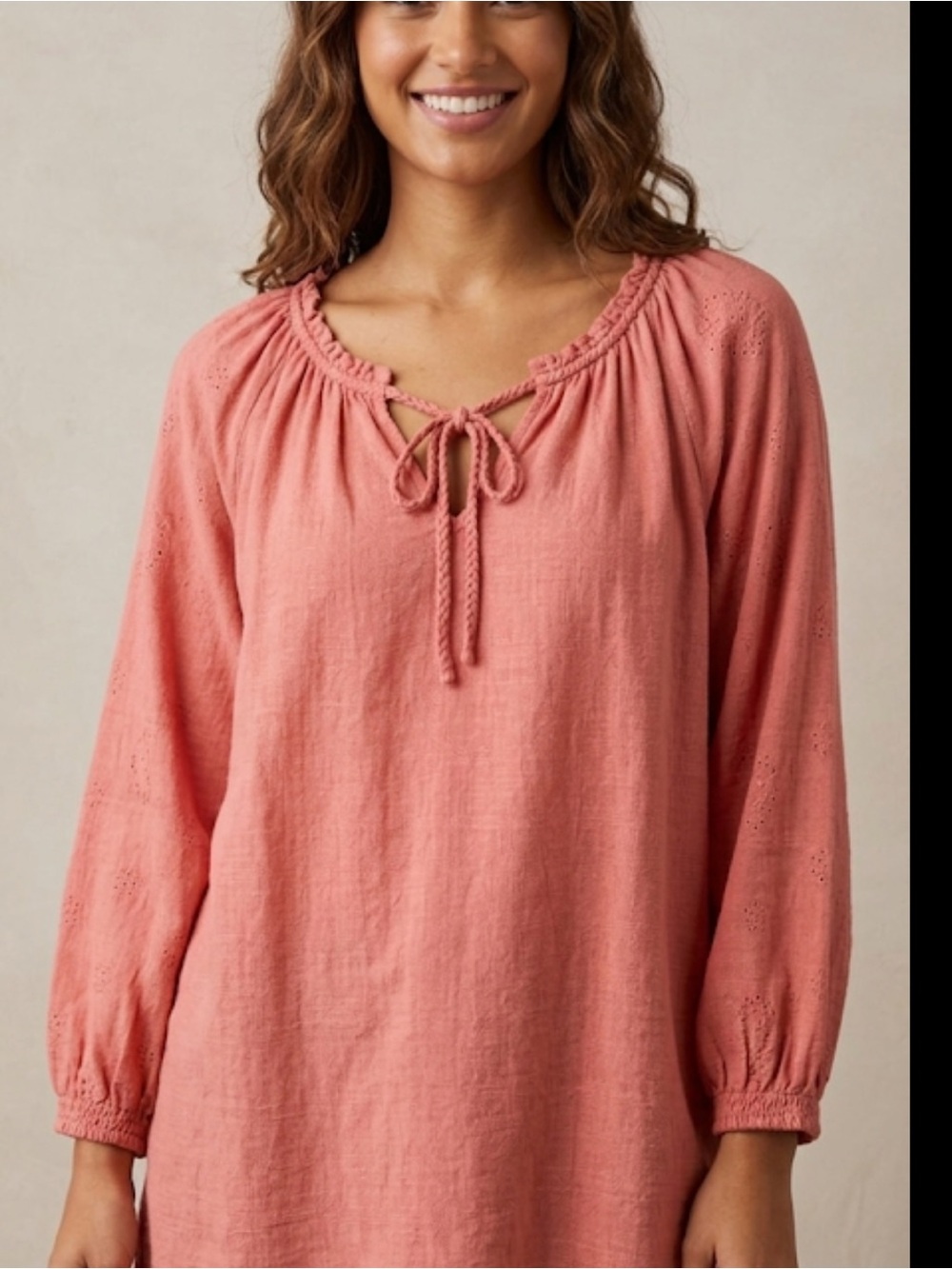 Como Blu Coral Tie-Front Peasant boho Blouse 3/4 Sleeve Size 1X relaxed fit
